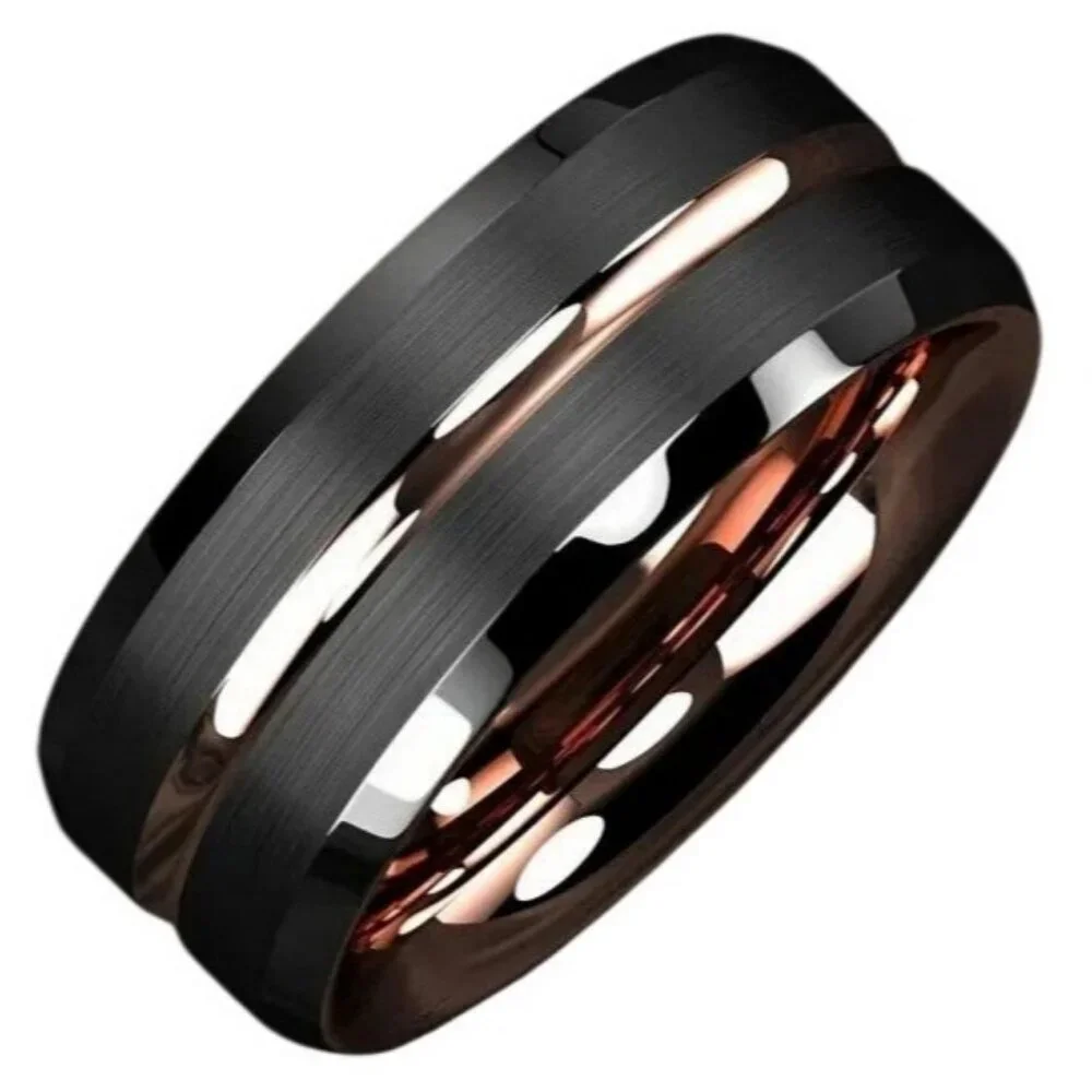 Tungsten Steel Matte Black Polished Double Bevel Rose Gold channel wedding ring